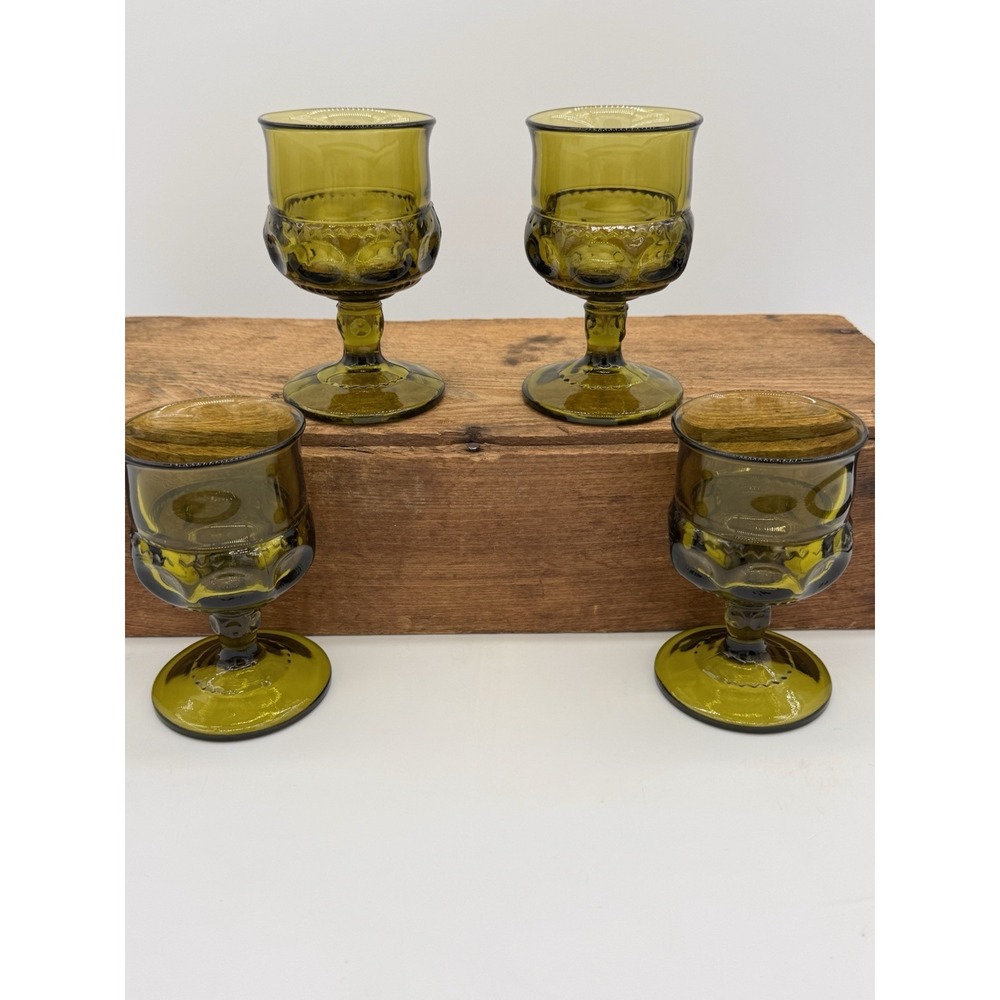 4 Vintage Indiana Kings Crown Avocado Green Glass Juice Thumbprint‎ Goblets 4.5"